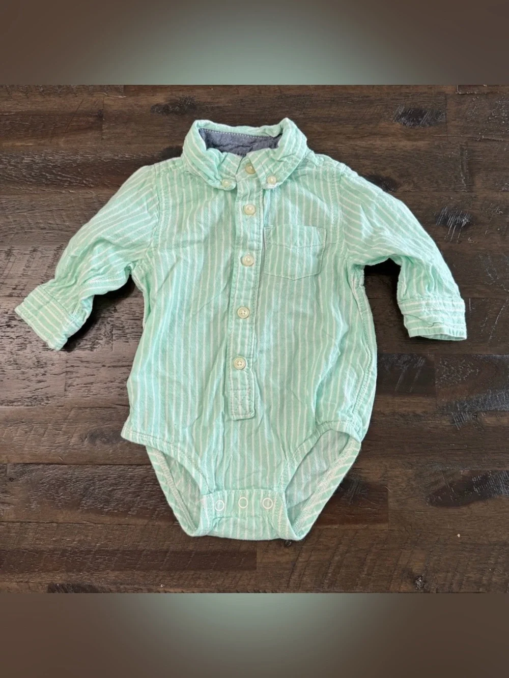 9M OshKosh B'gosh Baby Boys Mint Green White Striped Long Sleeve Button Bodysuit